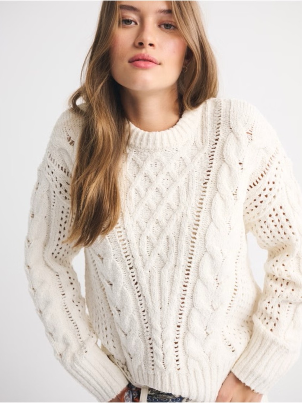 A&F Textural Stitch Cable Crew Sweater, Size M